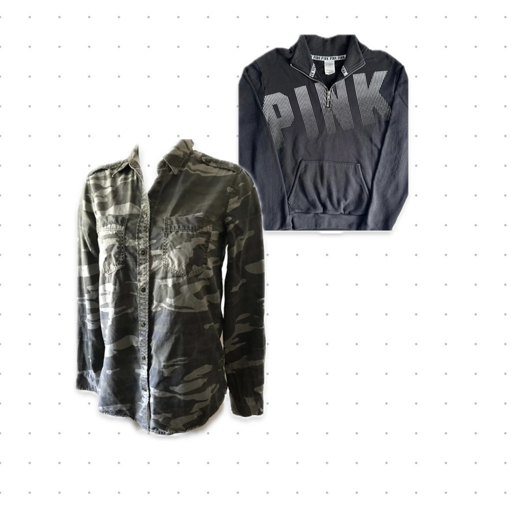 Lot 2 Tops Express Camo Button Up Shirt Grey 1/4 Zip PINK Logo Sweatshirt XS